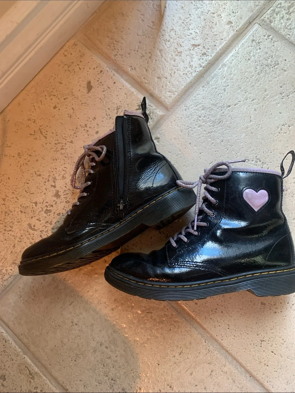 Dr. Martens Black Kids Lace-Up Boots with purple Trim and Heart